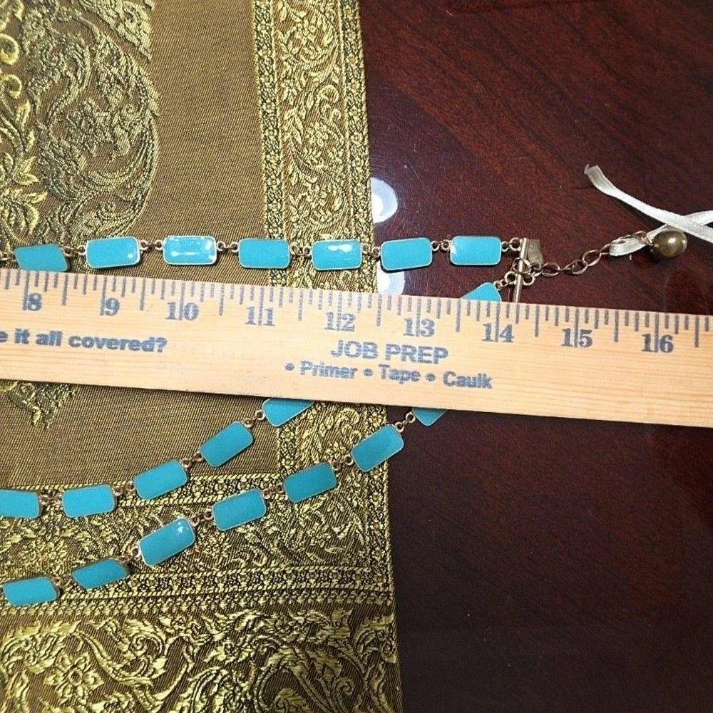 Top It Off Blue Enamel Layered Necklace Gold Tone Rectangle Station Jewelry